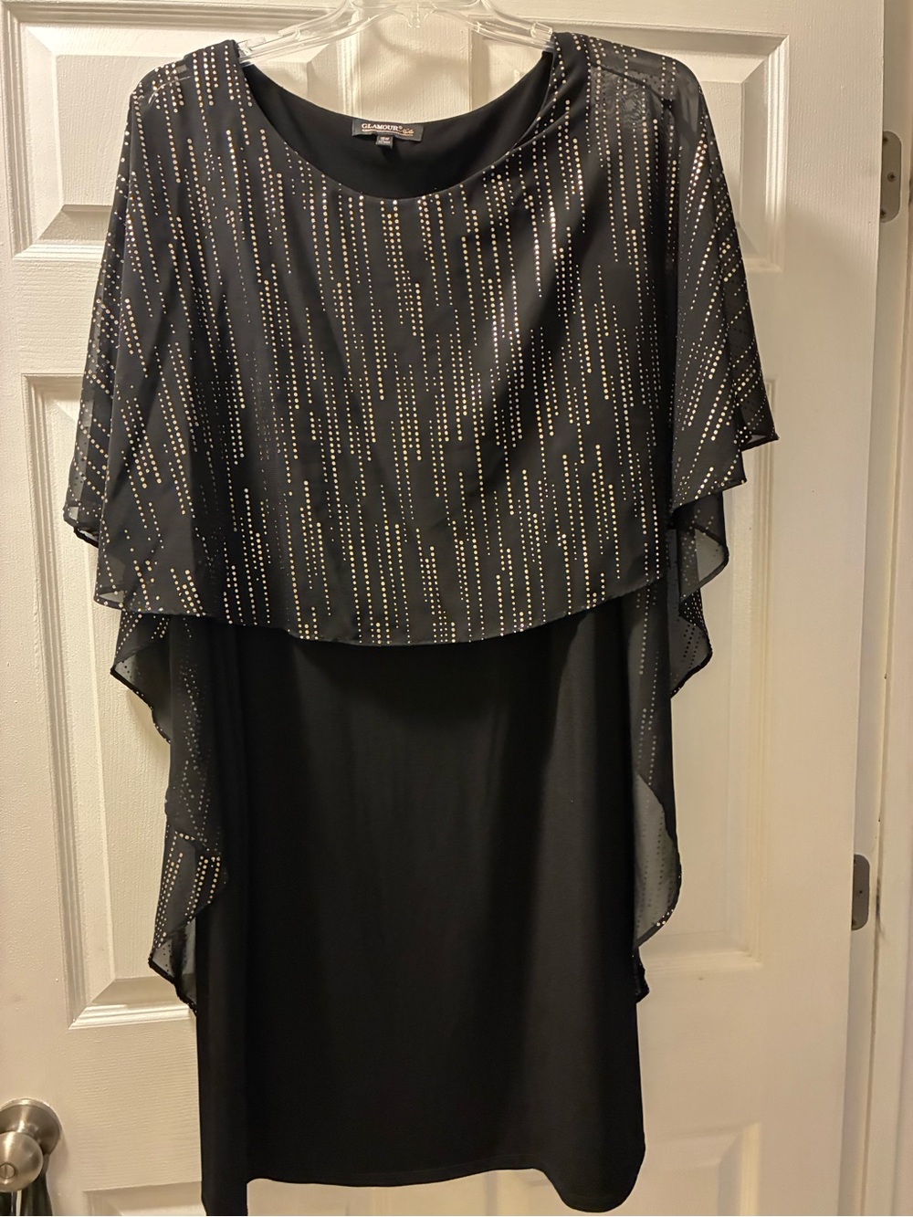 Pre-owned Glamour Nights Black Knee length Dress with Metallic Dot flowy Overlay